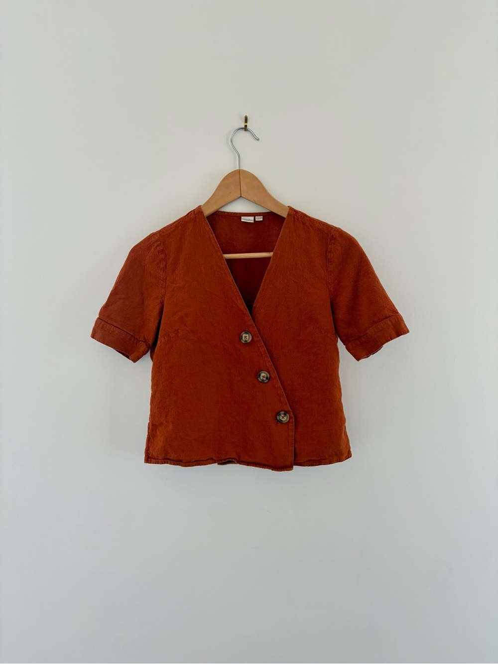 twik Burnt Orange Short Sleeve Wrap Button Top, US P/S